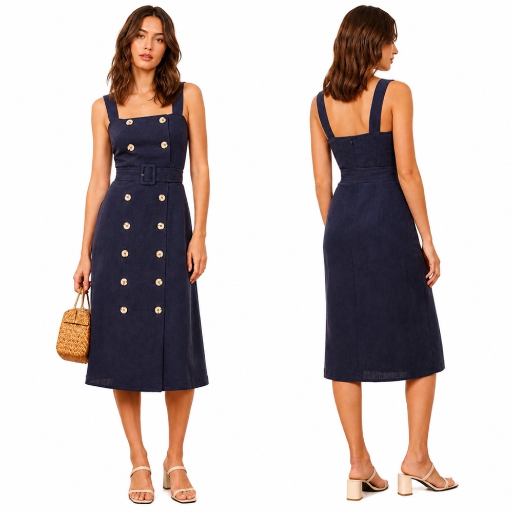 Reformation Navy Double-Breasted Midi Dress